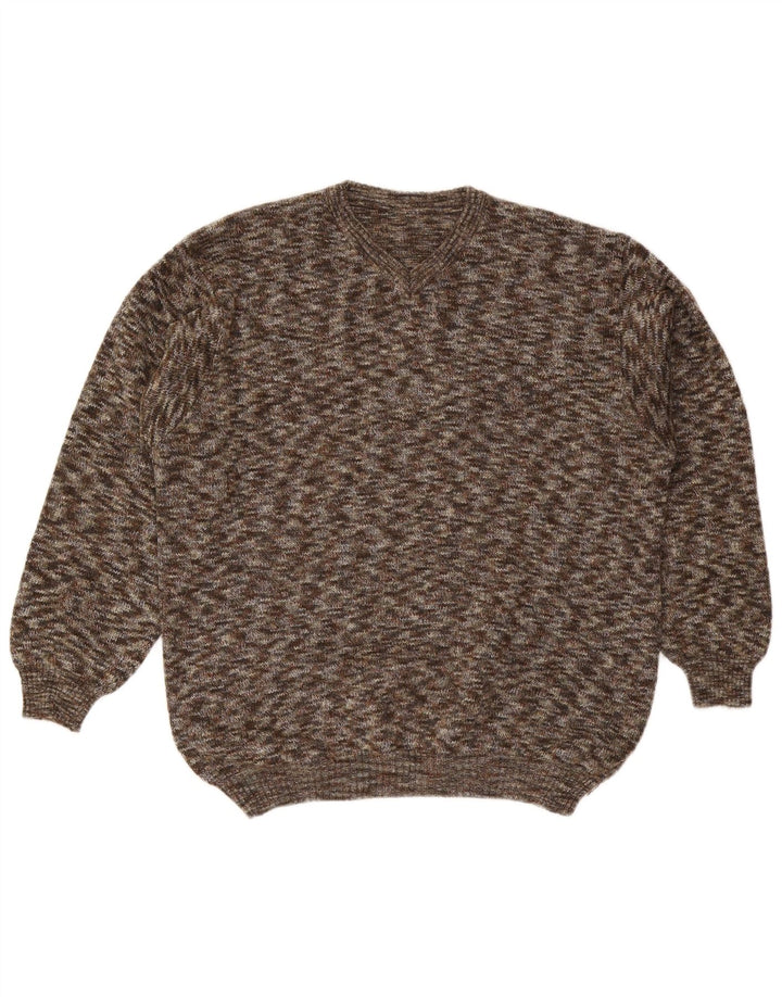 ВИНТАЖНЫЙ мужской джемпер с v-образным вырезом, большой коричневый шерстяной свитер в крапинку
