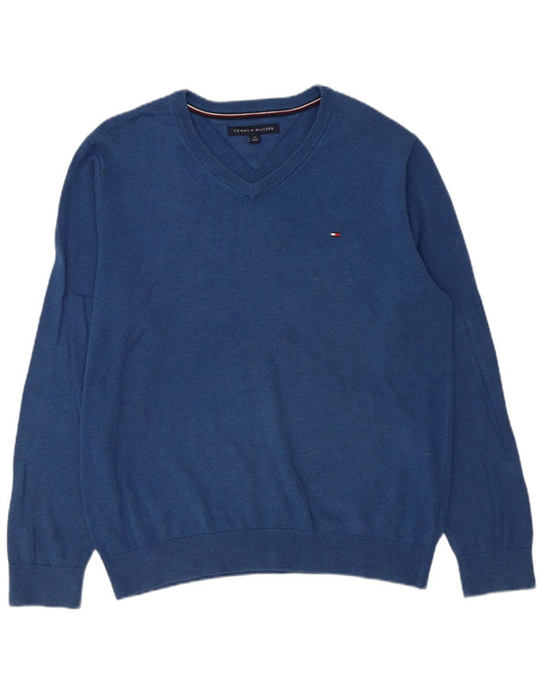 Tommy Hilfiger Мужской джемпер с v-образным вырезом, большой синий хлопковый свитер