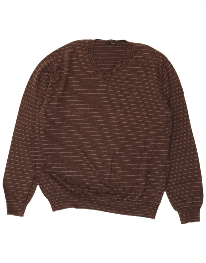 Мужской джемпер с v-образным вырезом Massimo Dutti XL коричневый в полоску