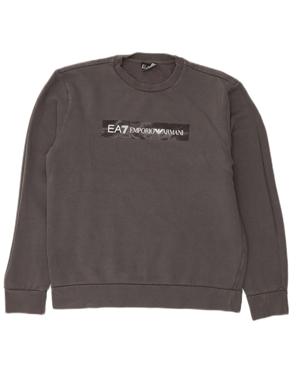 Мужской свитшот с рисунком Emporio Armani, хлопковый джемпер среднего серого цвета