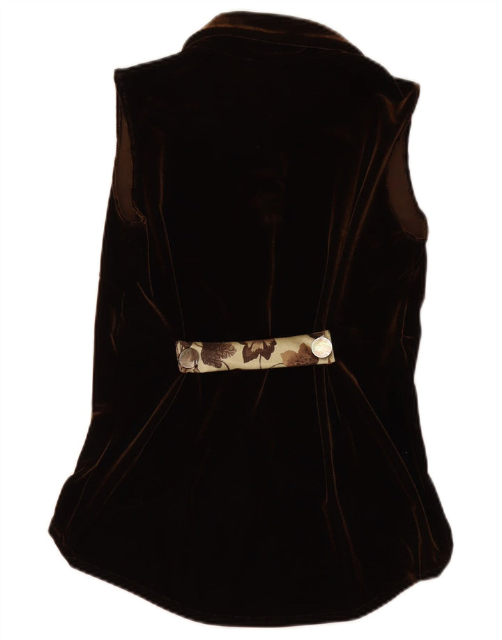 ВИНТАЖНАЯ Женская велюровая блузка-рубашка без рукавов, Великобритания 12, средний коричневый цвет с цветочным принтом