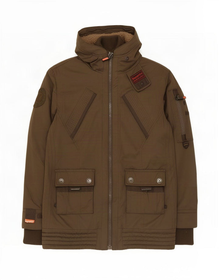 Женская парка Superdry с капюшоном UK 40, большая, коричневая, полиэстер