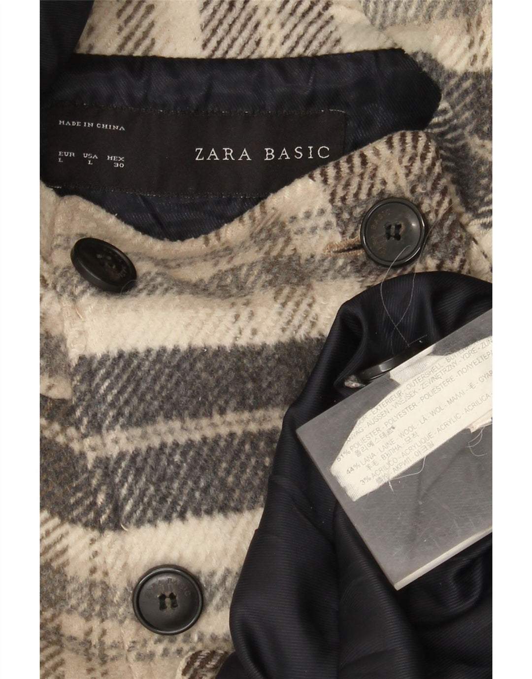 Zara Женское короткое двубортное пальто с капюшоном UK 16, большая бежевая клетка