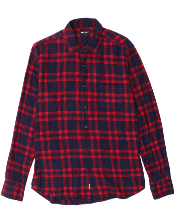 REPLAY Mens Flannel Shirt Medium Navy Blue Check Cotton
