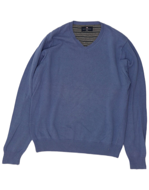 Мужской джемпер с v-образным вырезом Marks & Spencer Blue Harbour, средний синий хлопковый свитер
