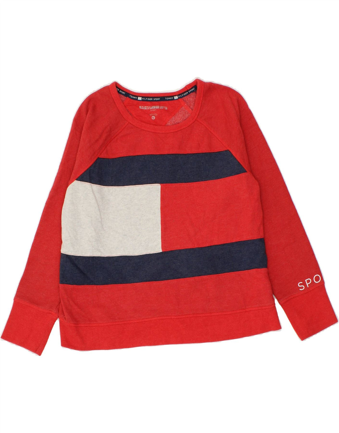 TOMMY HILFIGER Womens Sweatshirt Jumper UK 14 Medium Red Colourblock Vintage Tommy Hilfiger and Second-Hand Tommy Hilfiger from Messina Hembry 