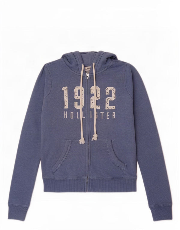 Женский свитер с капюшоном на молнии с графическим рисунком Hollister, размер UK 10, маленький синий, хлопок