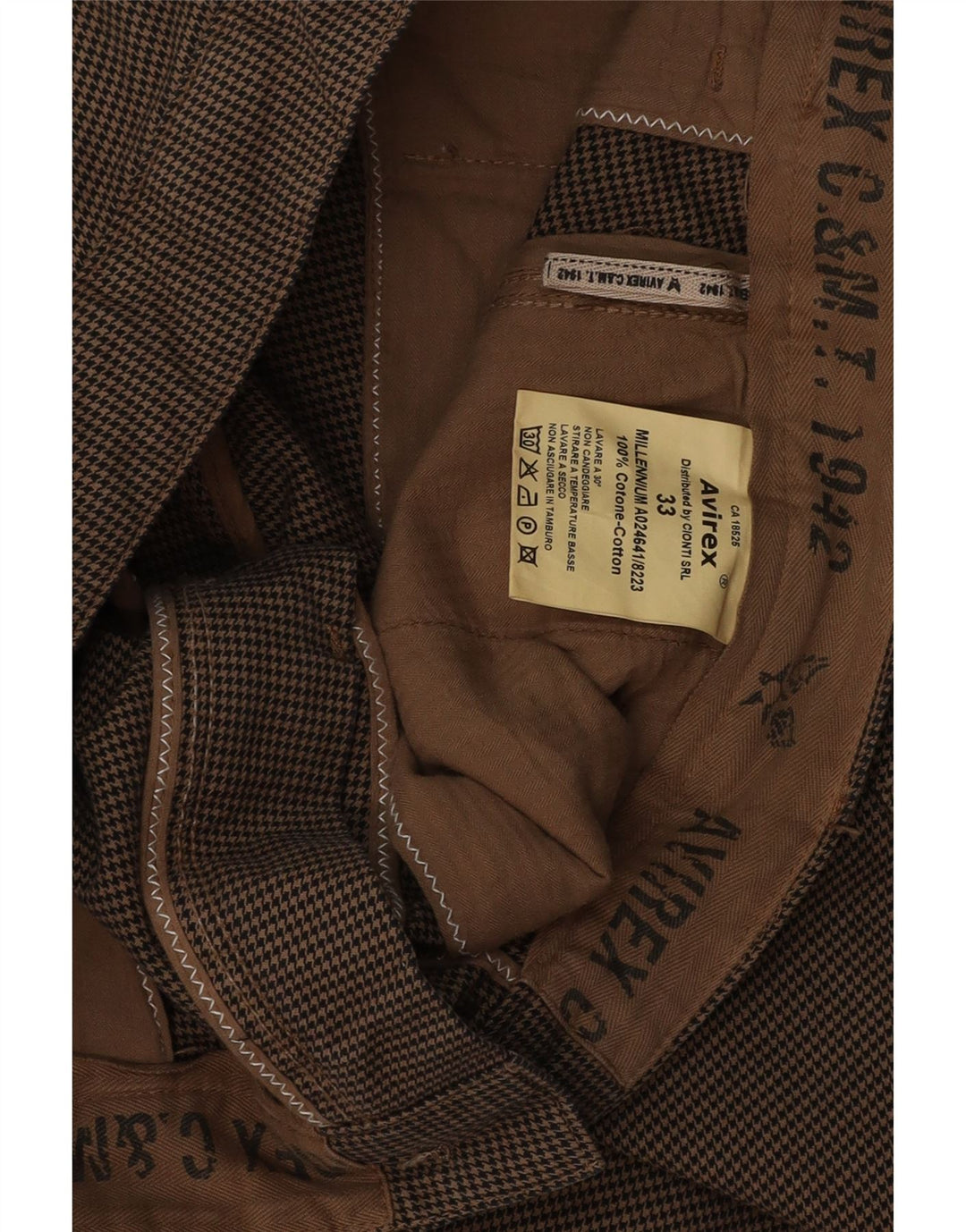 Мужские прямые брюки-чинос AVIREX W33 L32 коричневые, хлопок с узором «гусиные лапки»