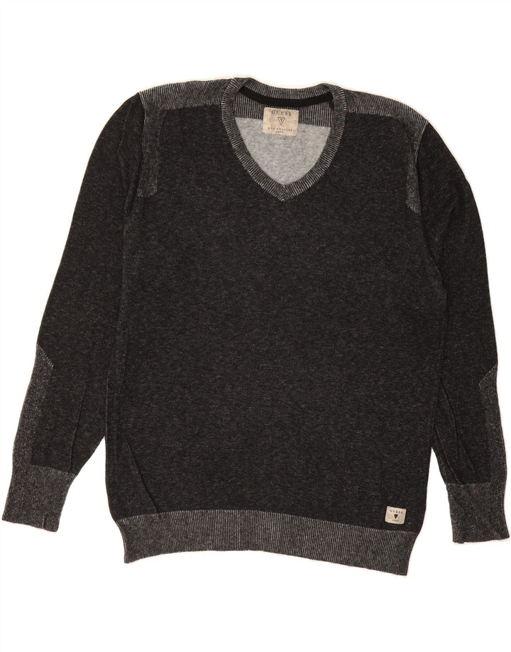 GUESS Mens V-Neck Jumper Sweater Large Grey Colourblock Cotton Vintage Guess and Second-Hand Guess from Messina Hembry 
