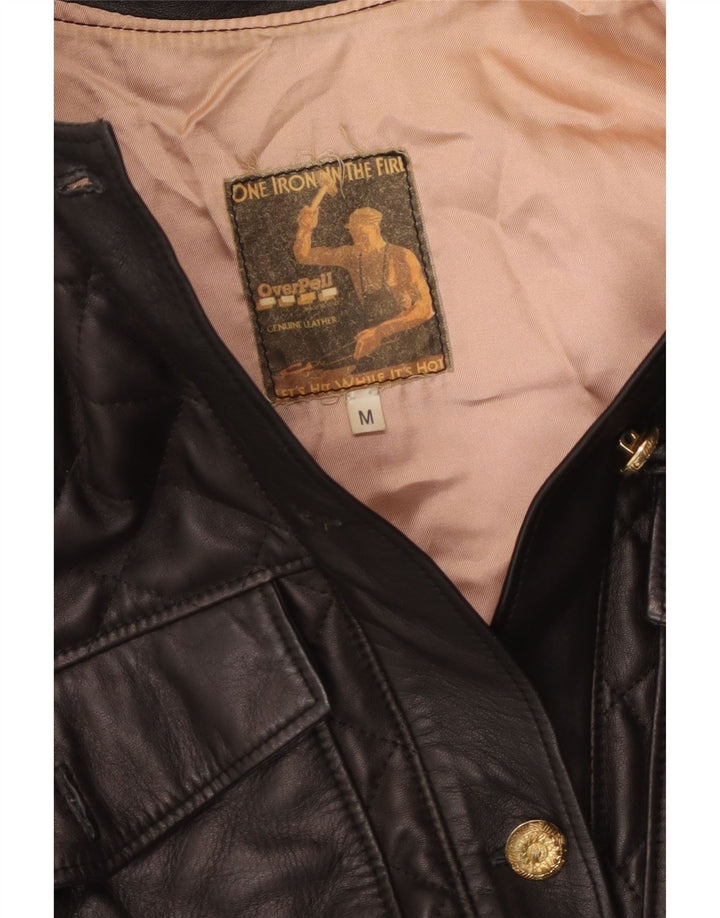 Винтажная женская кожаная куртка UK 14, черная кожа среднего размера