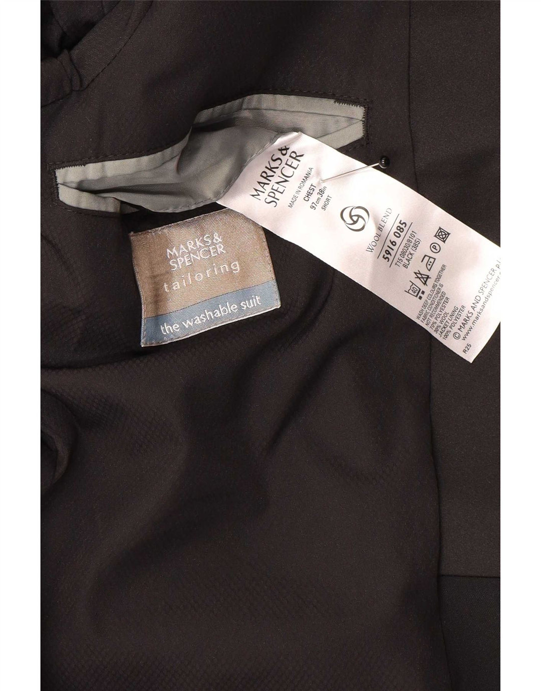Мужской пиджак на 1 пуговице Marks & Spencer UK 38, средняя черная шерсть