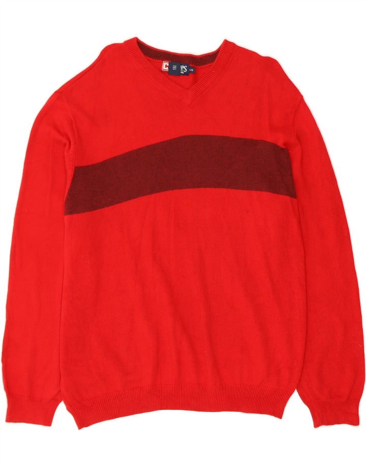 CHAPS Mens V-Neck Jumper Sweater Large Red Colourblock Cotton Vintage Chaps and Second-Hand Chaps from Messina Hembry 
