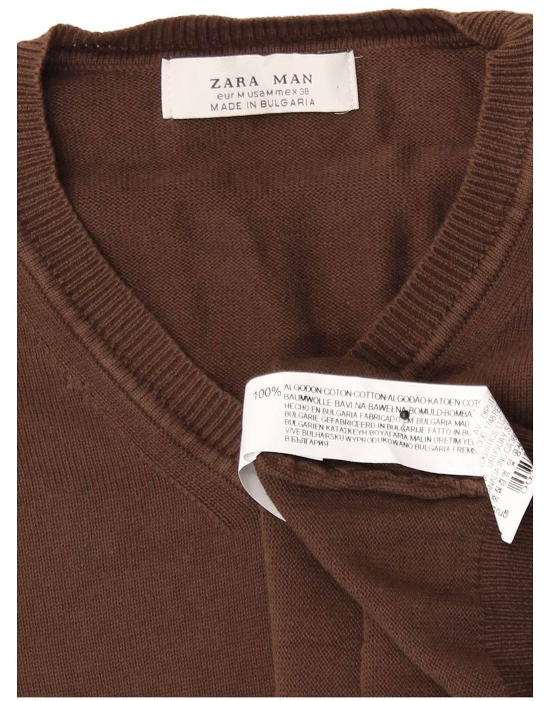 Мужской джемпер с v-образным вырезом Zara, хлопковый джемпер среднего коричневого цвета