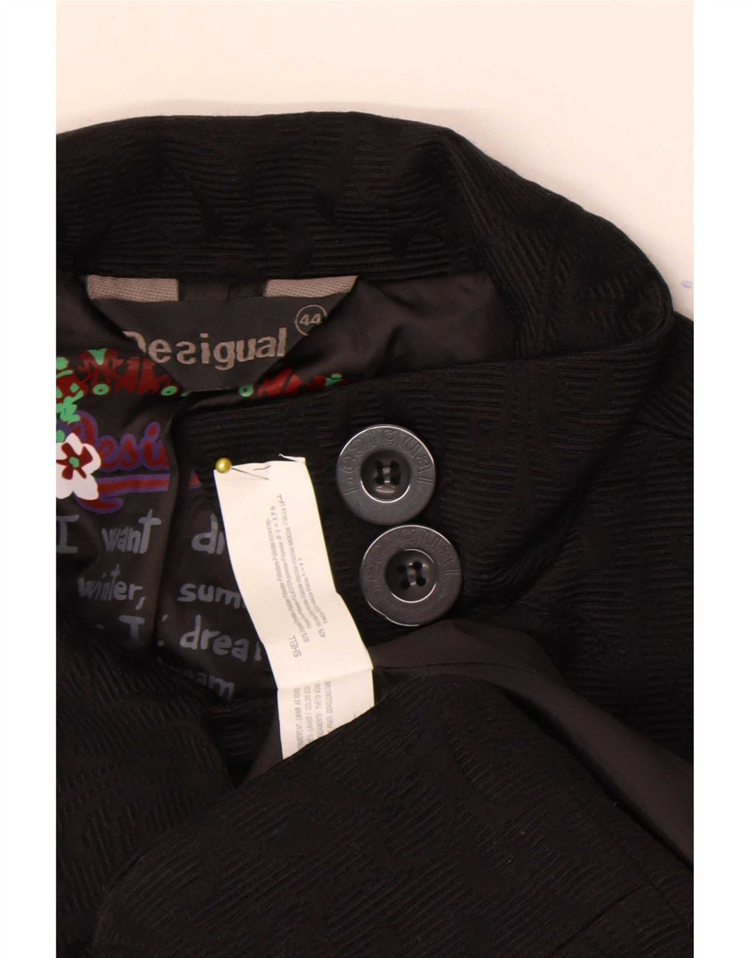 Женское пальто Desigual с графическим рисунком EU 44 XL, черное из полиэстера с геометрическим рисунком