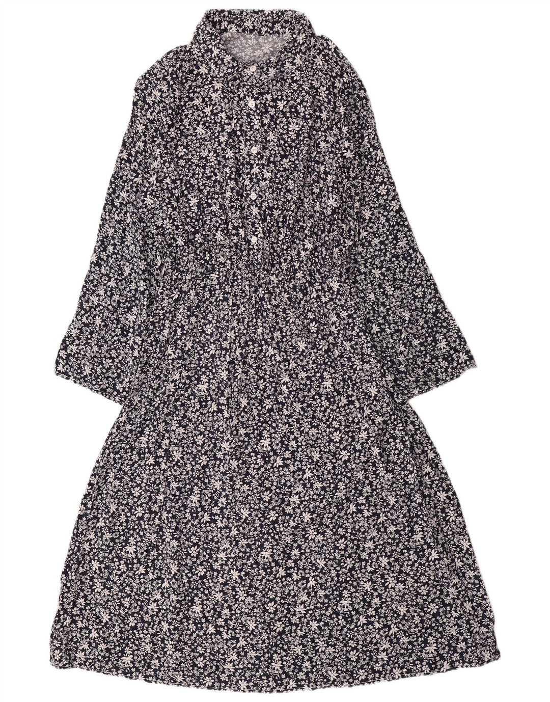 ВИНТАЖНОЕ женское платье макси с длинными рукавами, Великобритания 14, большой темно-синий цветочный хлопок