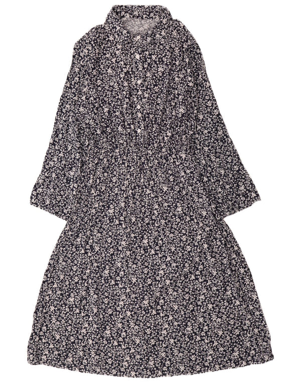 ВИНТАЖНОЕ женское платье макси с длинными рукавами, Великобритания 14, большой темно-синий цветочный хлопок