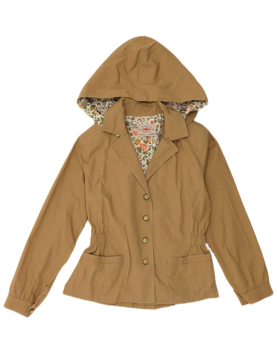 ВИНТАЖНЫЙ женский пиджак с капюшоном на 4 пуговицах, размер 6, 2XS, коричневый хлопок