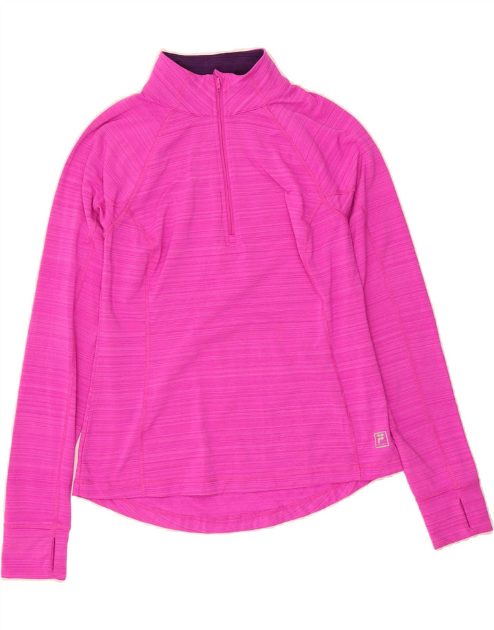 FILA Womens Zip Neck Pullover Tracksuit Top UK 12 Medium Pink Pinstripe Vintage Fila and Second-Hand Fila from Messina Hembry 