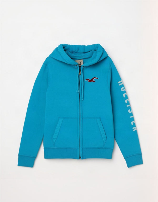 Hollister Мужской свитер с капюшоном и молнией с графическим рисунком, средний синий хлопковый свитер