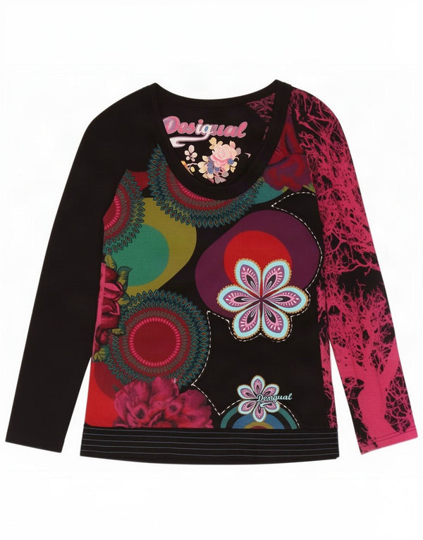 Desigual Womens Graphic Top Long Sleeve UK 12 Medium Black Floral Cotton