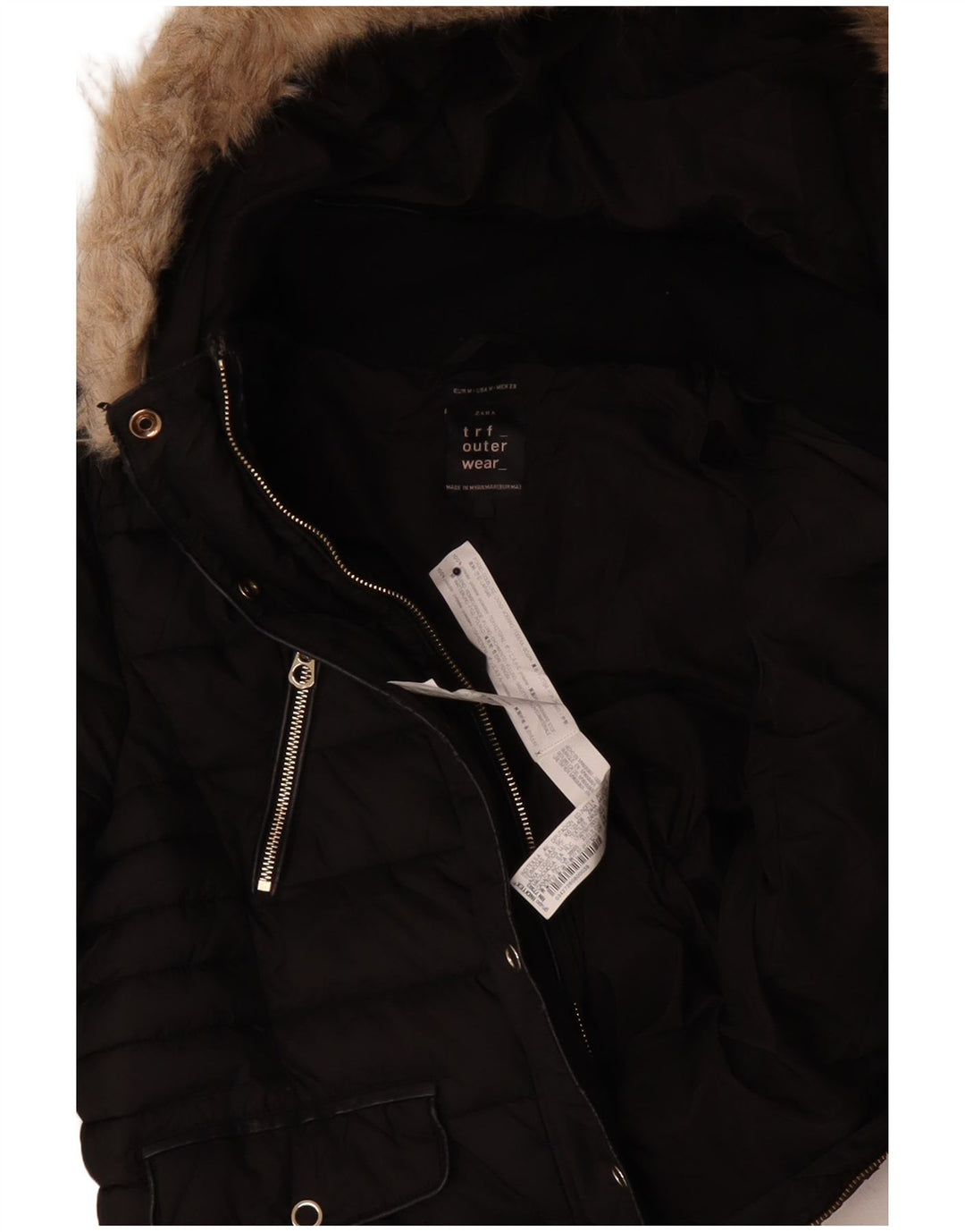 Женская стеганая куртка с капюшоном Zara UK 14, средний черный полиэстер