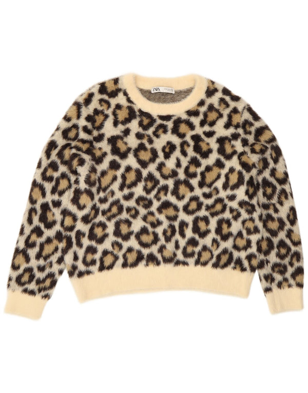 Женский джемпер с круглым вырезом Zara UK 18 XL, бежевый, полиамид с животным принтом