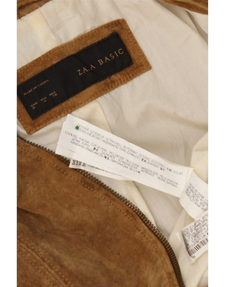 Женская укороченная замшевая куртка Zara UK 12, кожа среднего бежевого цвета