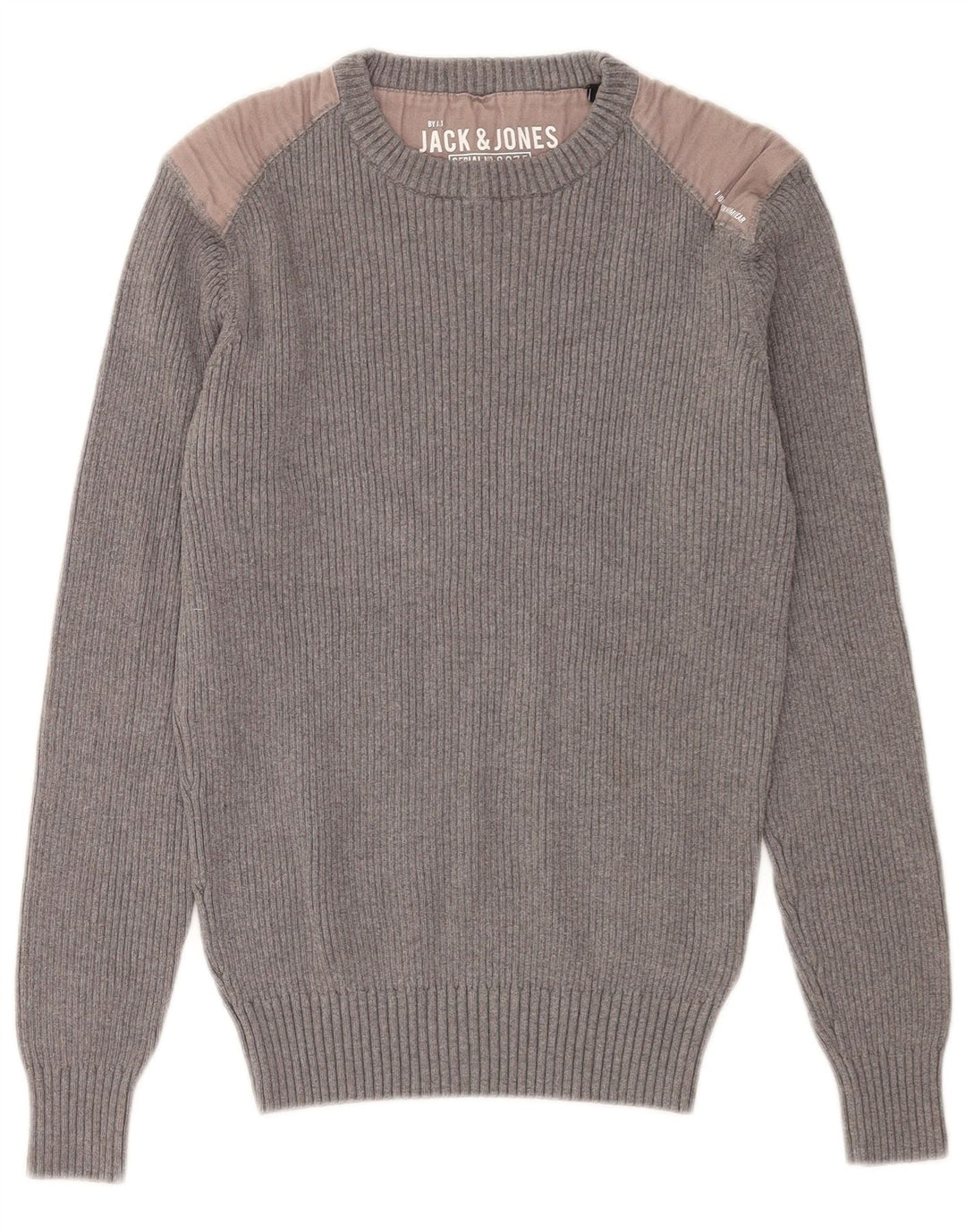 Мужской джемпер с круглым вырезом Jack & Jones, хлопковый свитер среднего серого цвета с цветными блоками