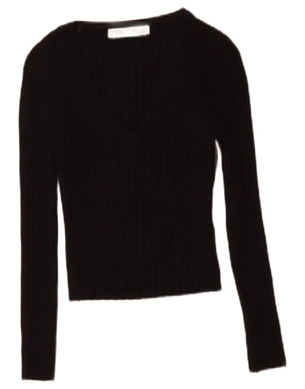 Zara Womens Crop V-Neck Jumper Sweater UK 8 Small Black Viscose