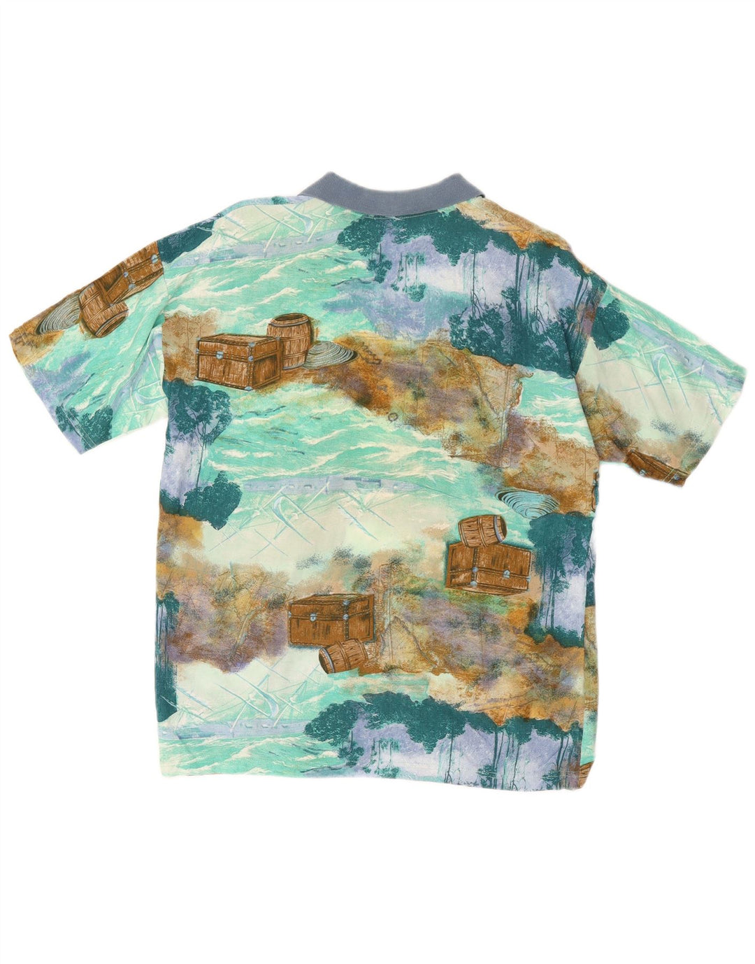 Винтажная мужская рубашка поло с абстрактным узором среднего синего цвета