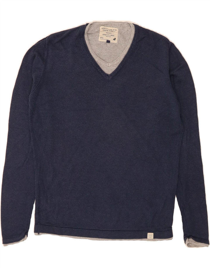 JACK & JONES Mens V-Neck Jumper Sweater Medium Navy Blue Viscose Vintage Jack & Jones and Second-Hand Jack & Jones from Messina Hembry 