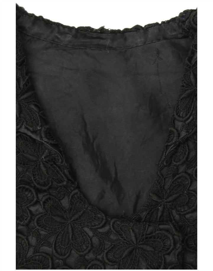 ВИНТАЖНЫЙ женский пиджак с коротким рукавом UK 12, средний черный с цветочным принтом