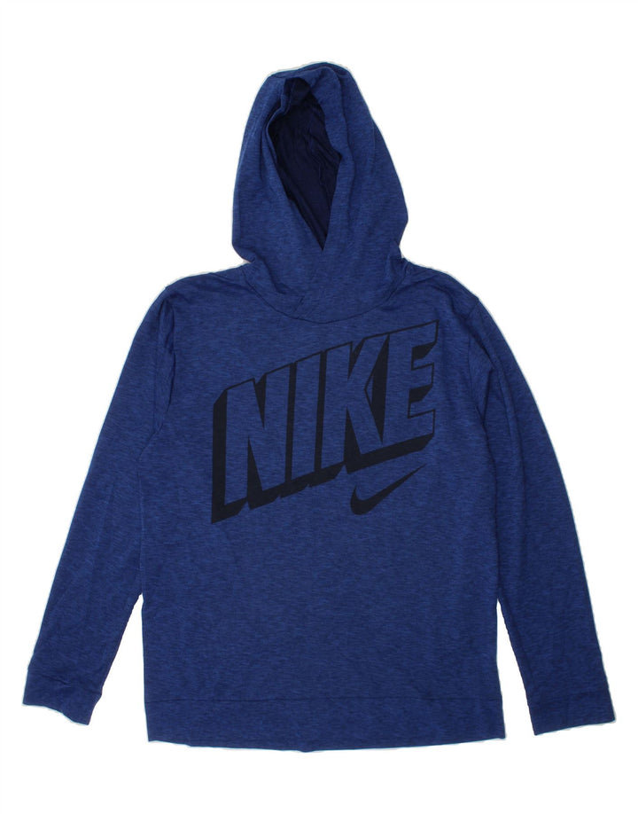 NIKE Boys Graphic Hoodie Jumper 12-13 Years Large  Navy Blue Polyester Vintage Nike and Second-Hand Nike from Messina Hembry 