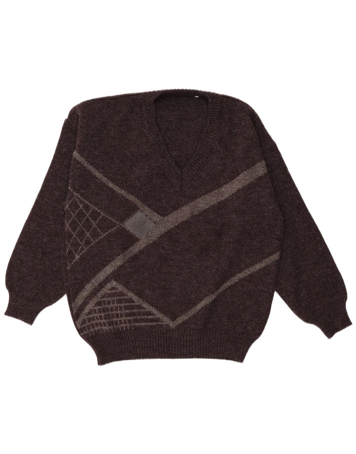 Винтажный мужской джемпер с v-образным вырезом IT 52, большой серый акрил с геометрическим рисунком