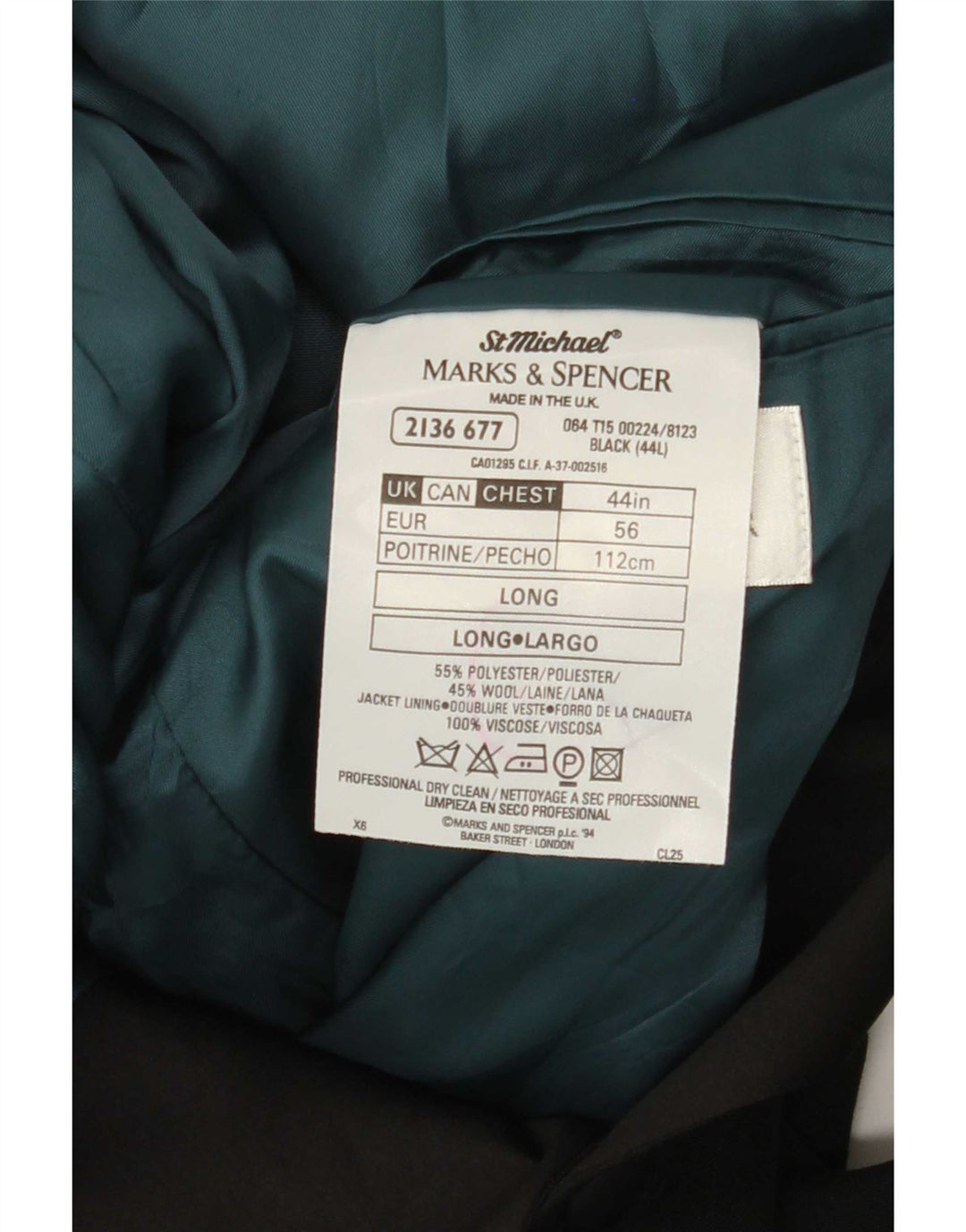Мужской длинный пиджак на двух пуговицах Marks & Spencer UK 44 XL, черный полиэстер
