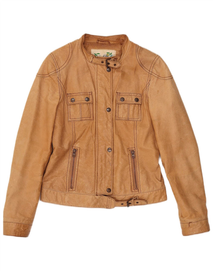 Винтажная женская кожаная куртка UK 12, кожа среднего бежевого цвета