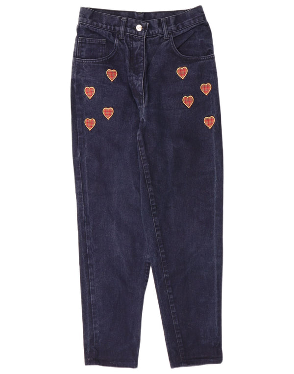 Винтажные женские зауженные джинсы с высокой талией W26 L27 Темно-синие в пятнистое сердце