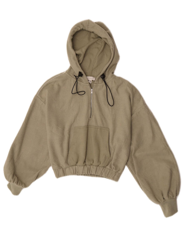 Topshop Женский укороченный флисовый джемпер с капюшоном на молнии, Великобритания 6 XS, хаки, полиэстер