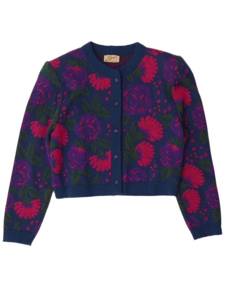 ВИНТАЖНЫЙ женский комплект из 3 предметов IT 46 Большой W26 Темно-синий с цветочным принтом из натуральной шерсти