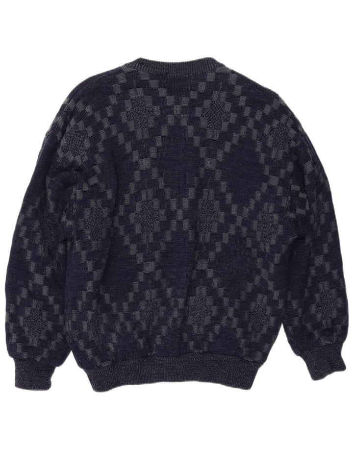 ВИНТАЖНЫЙ мужской кардиган-свитер, большой размер, темно-синий, вискоза с геометрическим рисунком