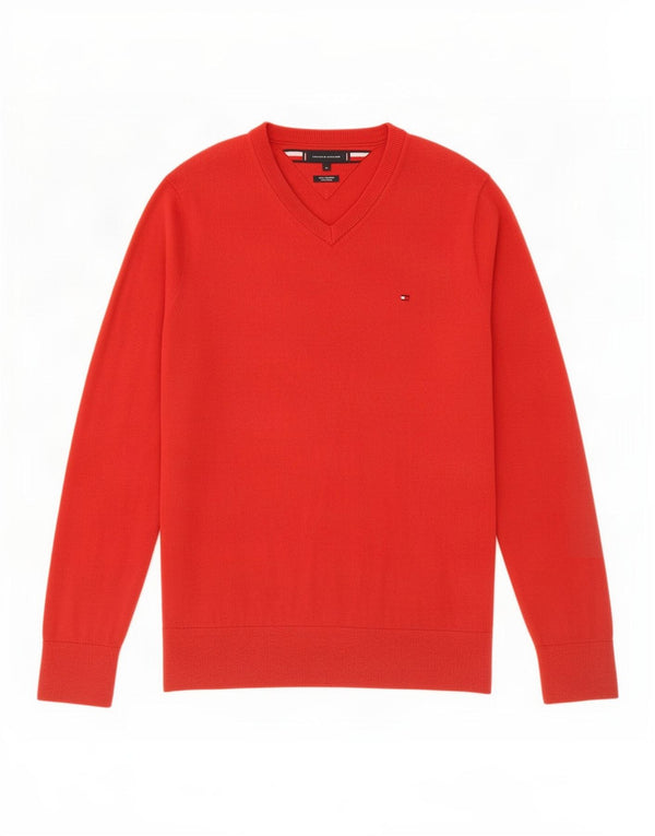 Tommy Hilfiger Mens V-Neck Jumper Sweater Medium Red Cotton
