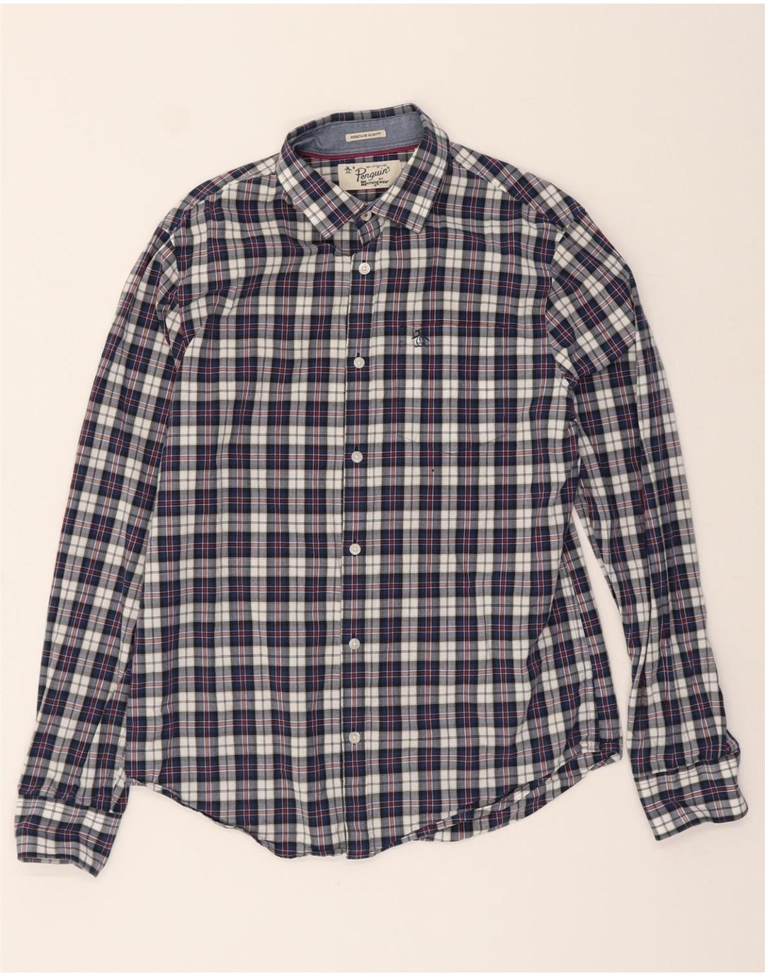 PENGUIN Mens Heritage Fit Slim Fit Shirt Medium Navy Blue Check Vintage Penguin and Second-Hand Penguin from Messina Hembry 