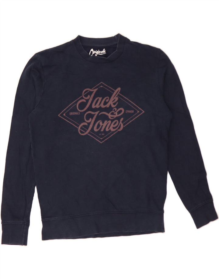JACK & JONES Mens Graphic Sweatshirt Jumper Large Navy Blue Cotton Vintage Jack & Jones and Second-Hand Jack & Jones from Messina Hembry 