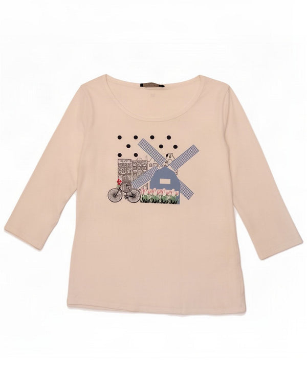 Max Mara Womens Graphic Top 3/4 Sleeve UK 14 Medium White
