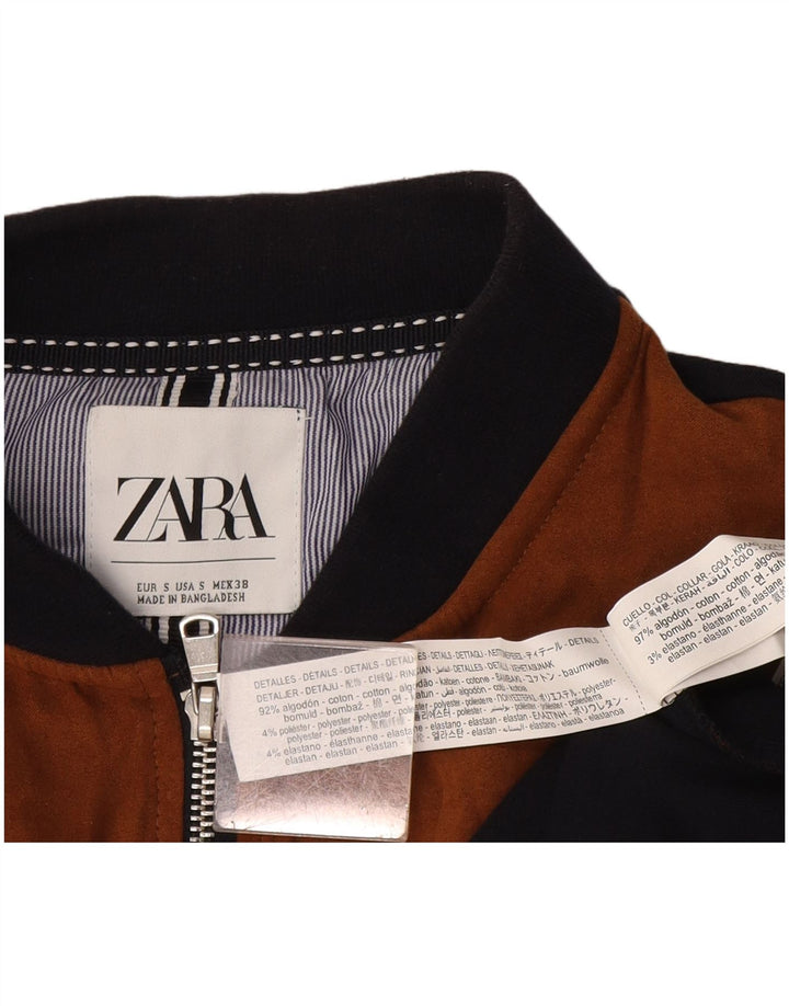Мужская куртка-бомбер Zara UK 36, маленькая коричневая, хлопок с цветными блоками