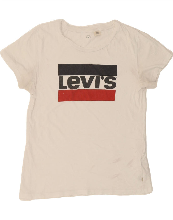 LEVI'S Womens Graphic T-Shirt Top UK 12 Medium Off White Cotton Vintage Levi's and Second-Hand Levi's from Messina Hembry 