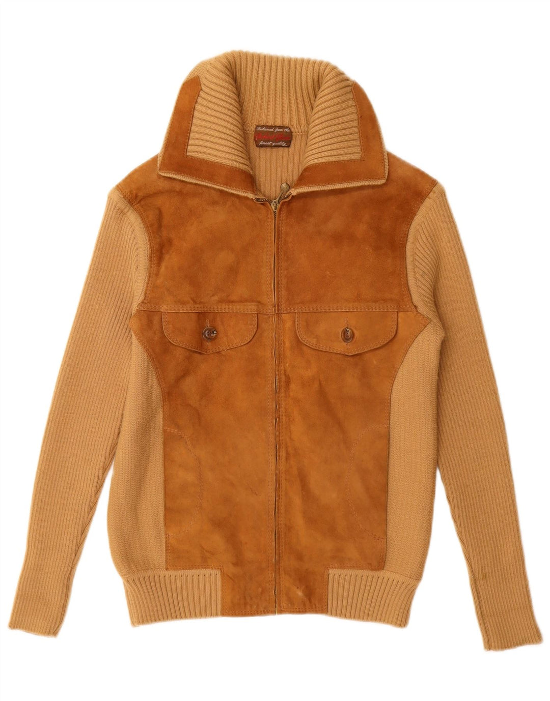 ВИНТАЖНЫЙ женский замшевый кардиган-свитер UK 12, средний бежевый цветной блок