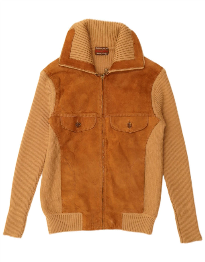 ВИНТАЖНЫЙ женский замшевый кардиган-свитер UK 12, средний бежевый цветной блок