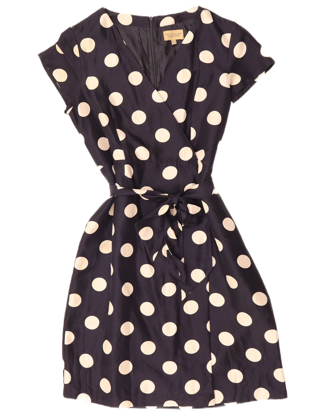 PAUL COSTELLOE Женское платье А-силуэта UK 16, большой темно-синий, шелк в горошек