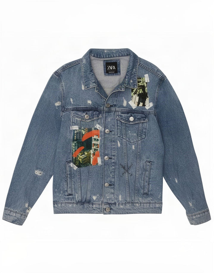 Мужская джинсовая куртка Zara Artist Graphic Distressed UK 42, большая синяя пэчворк